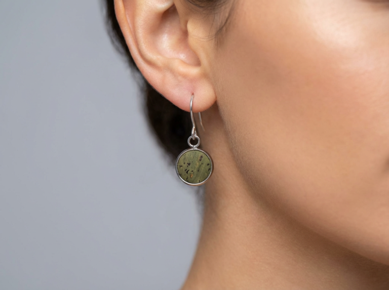 Khaki Vegan Cork Dangle Earrings on model