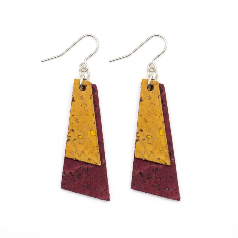 burgundy and yellow dangle cork earrings