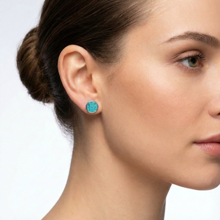turquoise cork stud earrings on model