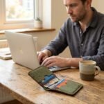 cardholder made from cork on a desk with guy and laptop