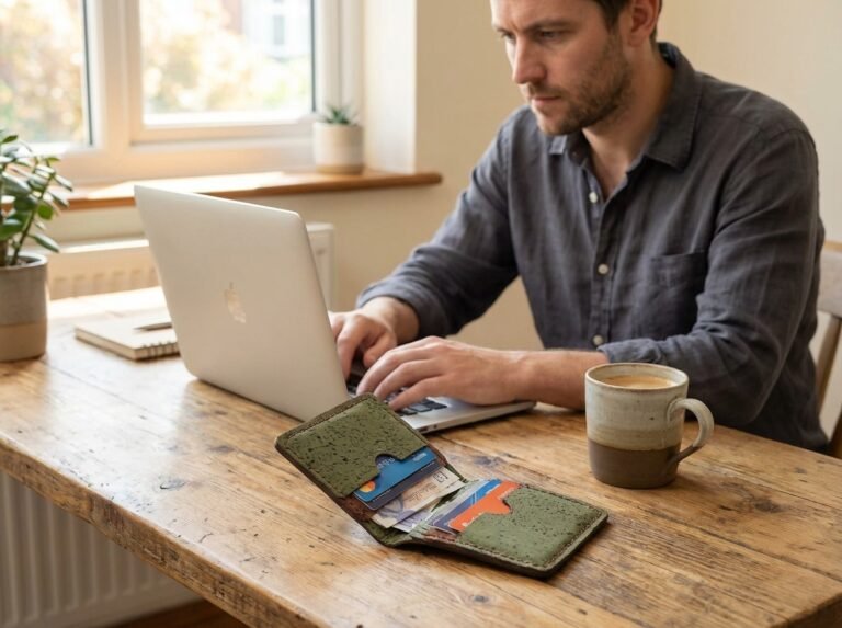 cardholder made from cork on a desk with guy and laptop