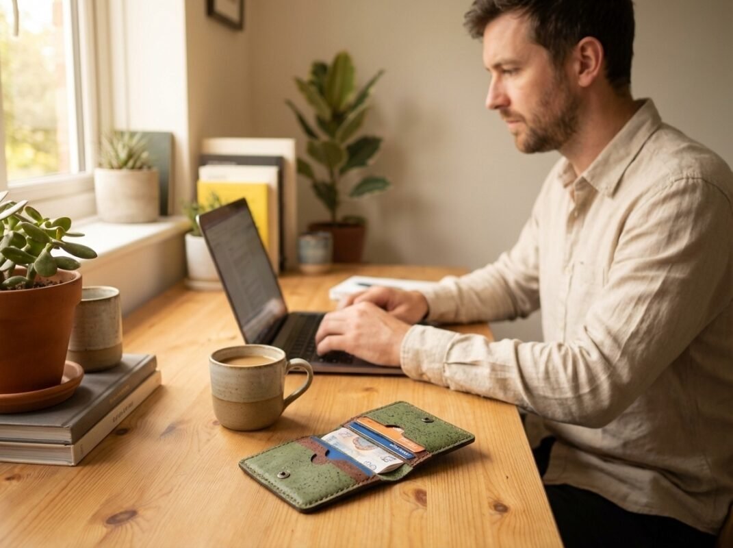 cork wallet with popper on desk with model on laptop