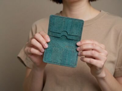 teal cork cardholder wallet with model